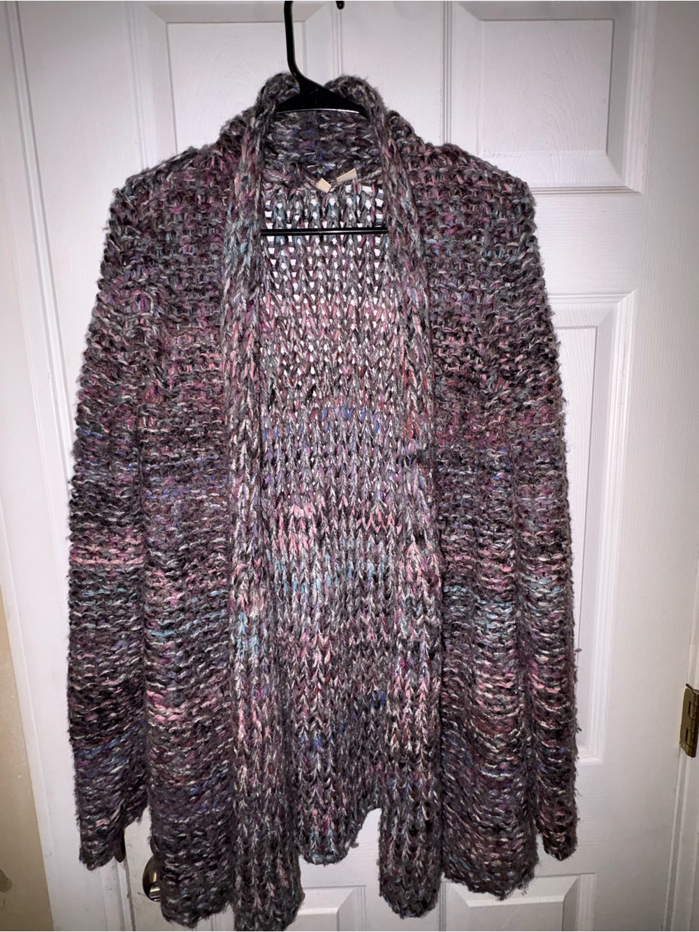 Anthropologie Moth Gray Marled Open-Front Cardigan with Pink & Blue Flecks